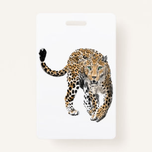 watercolor leopard jungle cat painted animal green ID badge