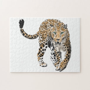 watercolor leopard jungle cat painted animal green jigsaw puzzle