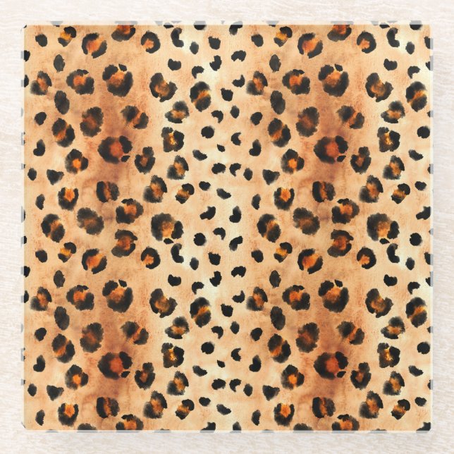 Watercolor Leopard Print: Exotic Fur Texture Glass Coaster (Front)