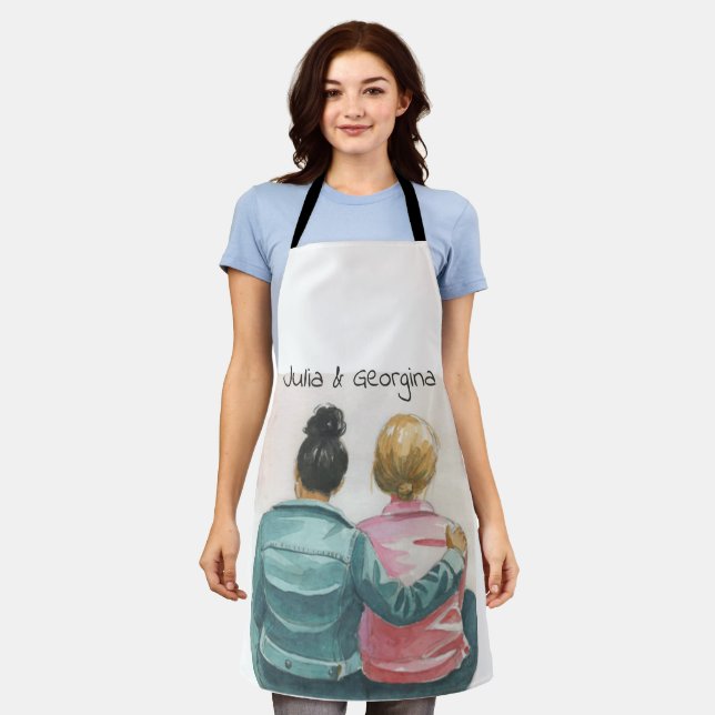 Watercolor Lesbian Couple Personalised Apron (Worn)