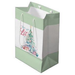 Watercolor Let’s Get Lit Christmas Tree  Medium Gift Bag