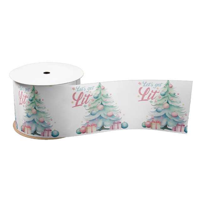 Watercolor Let’s Get Lit Christmas Tree  Satin Ribbon (Spool)