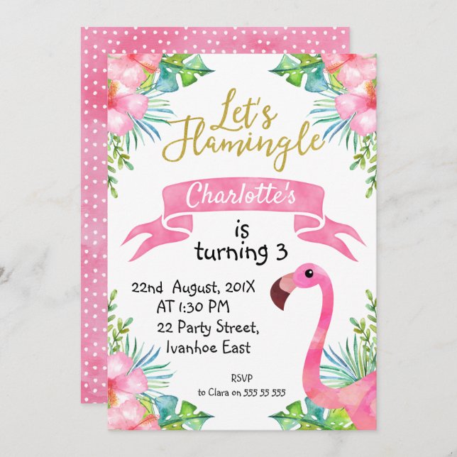 Watercolor Let's Flamingle Birthday Invitation (Front/Back)