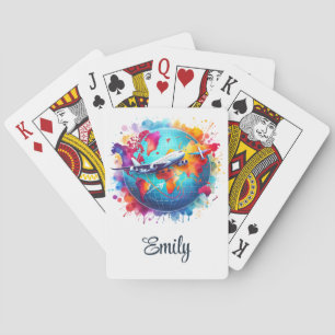 Watercolor Let's travel the world design Playing Cards