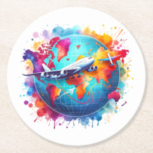 Watercolor Let's travel the world design  Round Paper Coaster