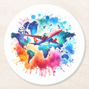 Watercolor Let's travel the world design  Round Paper Coaster