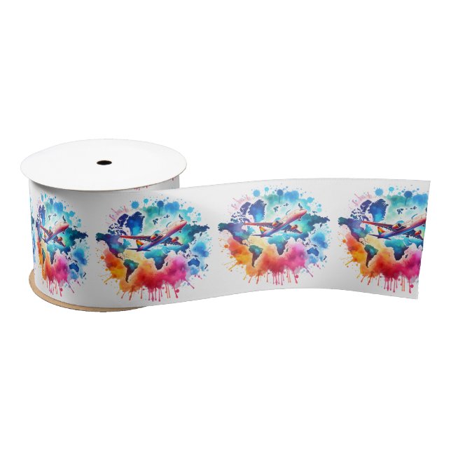 Watercolor Let's travel the world design  Satin Ribbon (Spool)