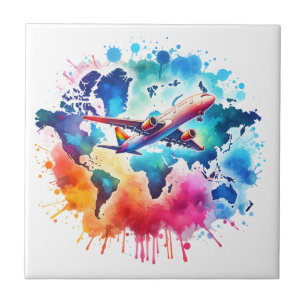 Watercolor Let's travel the world design Tile