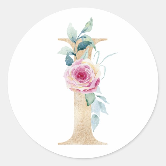Watercolor letter I with roses Classic Round Sticker (Front)