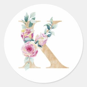 Watercolor letter K with roses Classic Round Sticker