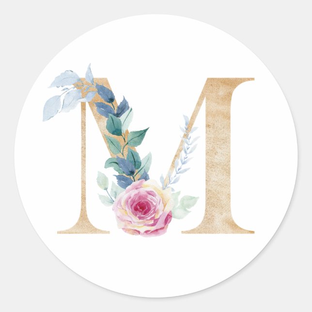 Watercolor letter M with roses Classic Round Sticker (Front)