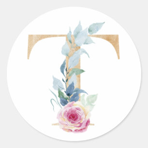 Watercolor letter T with roses Classic Round Sticker