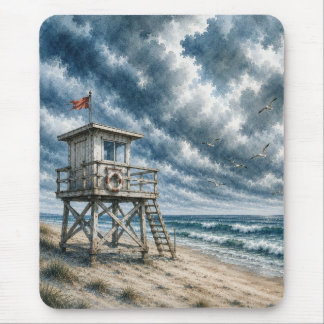 Watercolor Lifeguard Stand on Coastal Beach  Mouse Pad