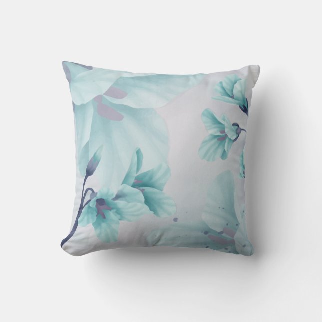 Watercolor Light Blue Aqua Teal Bell Flower Accent Cushion (Front)