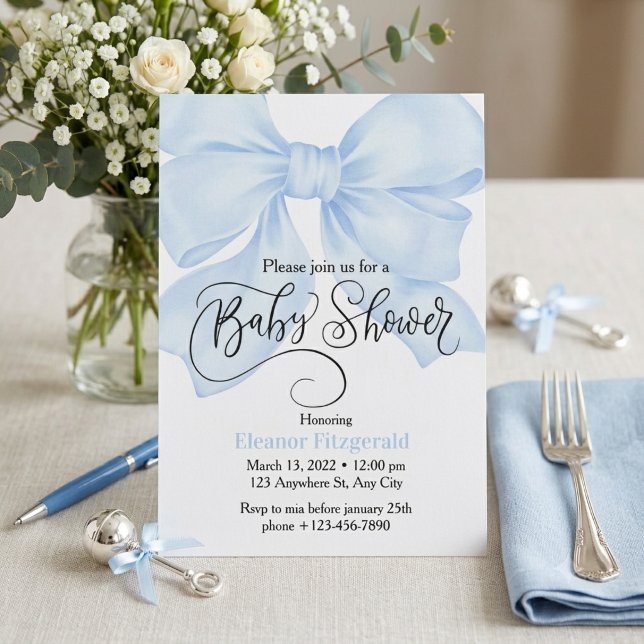 Watercolor Light Blue Bow Baby Shower Invitation (Creator Uploaded)