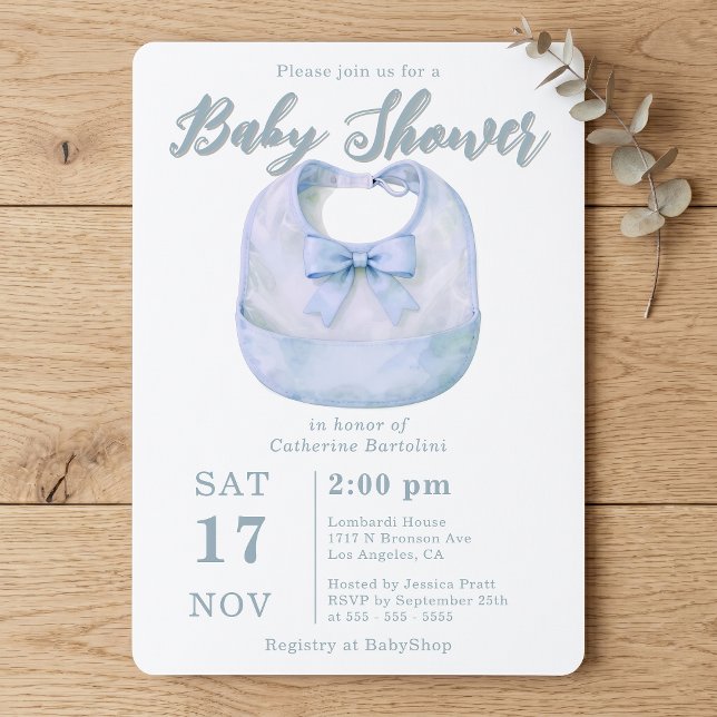Watercolor Light Blue Bow Bib Boy Baby Shower Invitation (Creator Uploaded)