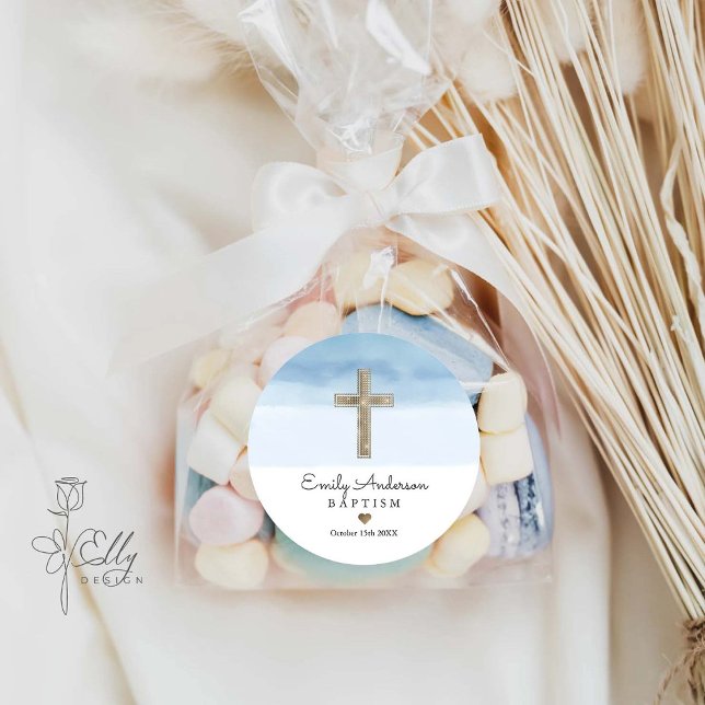 Watercolor Light Blue Boy Baptism Christening Classic Round Sticker (Creator Uploaded)