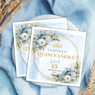 Watercolor Light Blue Floral Gold 15th Birthday  Napkin
