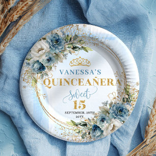 Watercolor Light Blue Floral Gold Glitter Party Paper Plate