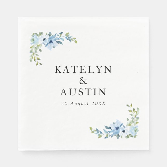 watercolor light blue floral wedding napkin (Front)