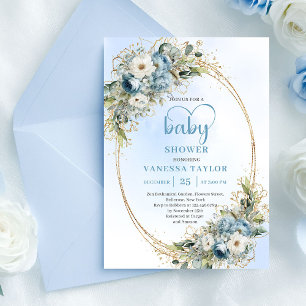 Watercolor Light Blue Flowers Gold Baby Shower  Invitation