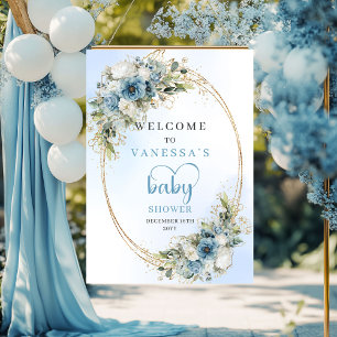 Watercolor Light Blue Flowers Gold Baby Shower Sig Poster