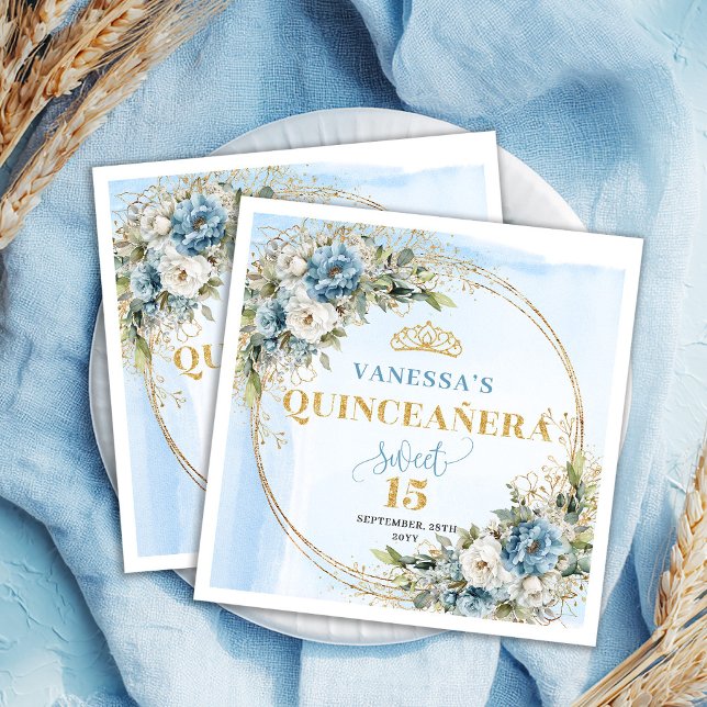 Watercolor Light Blue Flowers Quinceañera Napkins (Watercolor Light Blue Flowers Quinceañera Napkins)