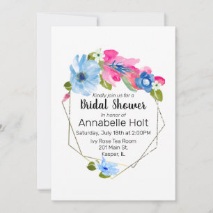 Watercolor Light Blue Hot Pink Floral Gold Frame Invitation