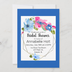 Watercolor Light Blue Hot Pink Floral Gold Frame Invitation