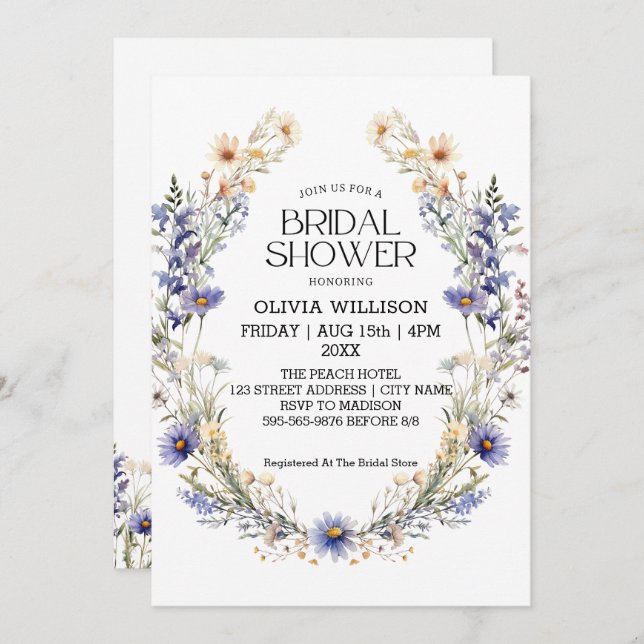Watercolor Light Blue Wildflowers Bridal Shower Invitation (Front/Back)
