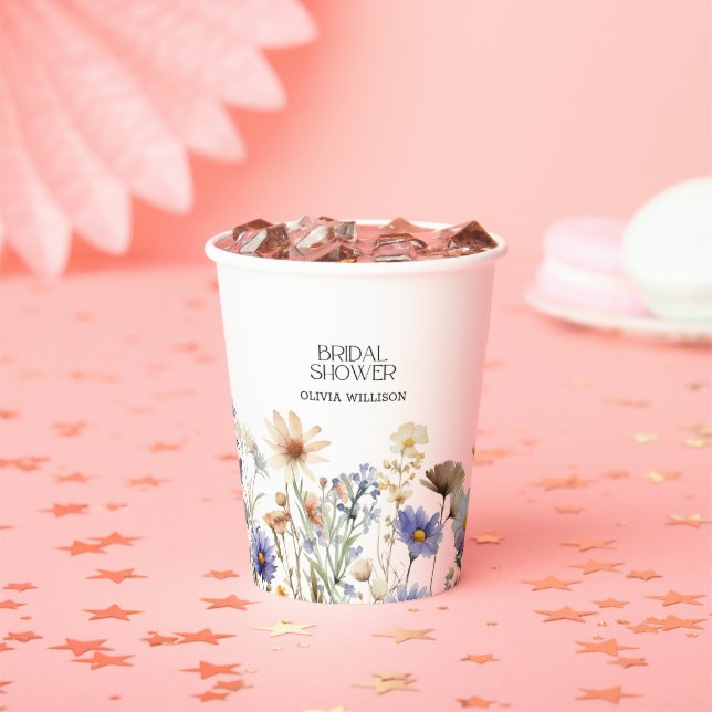 Watercolor Light Blue Wildflowers Bridal Shower Paper Cups (Insitu)