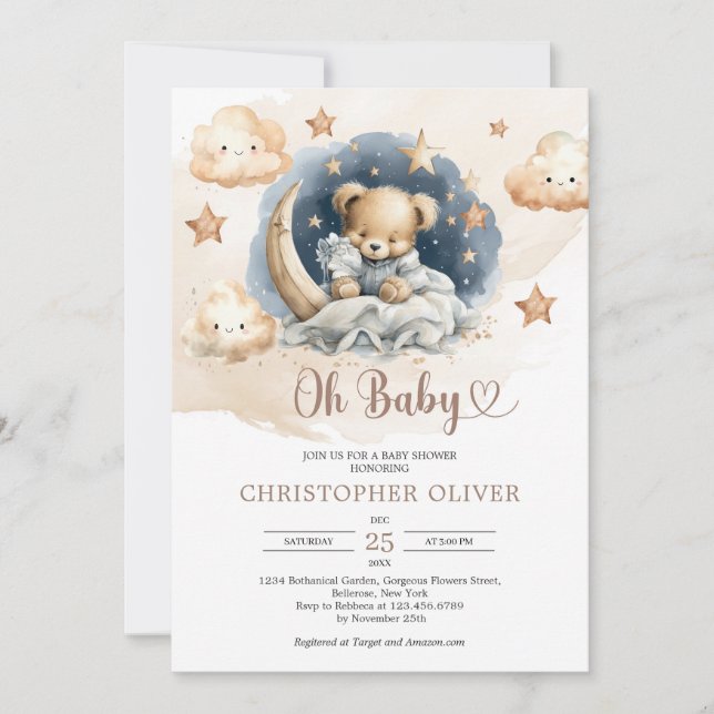 Watercolor light brown blue sleeping teddy bear  invitation (Front)