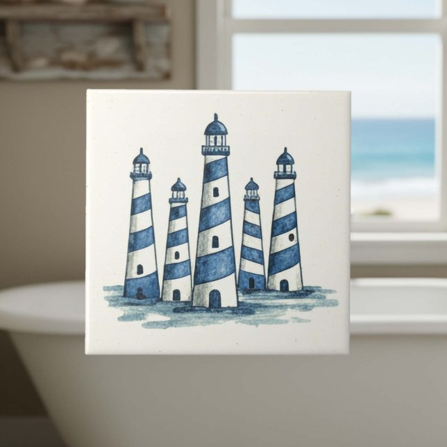 Watercolor Light Houses Blue Ivory ID1202 Tile (Creator Uploaded)