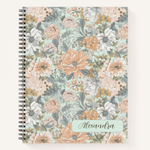 Watercolor Light Peach Floral on Mint  Notebook