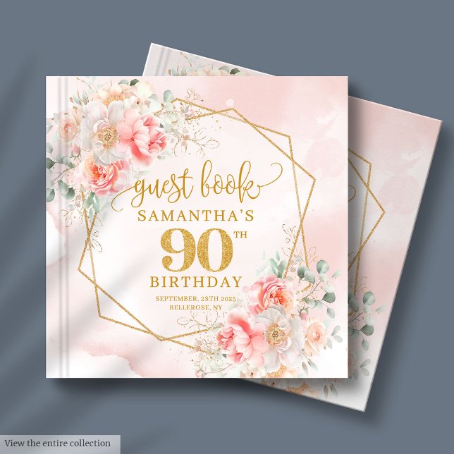 Watercolor Light Pink Gold Flowers 90th Guest Book (Watercolor Light Pink Gold Flowers 90th Guest Book)