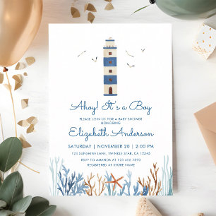 Watercolor Lighthouse Ahoy Boy Baby Shower Invitation