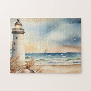 Watercolor Lighthouse and Beach Jigsaw Puzzle