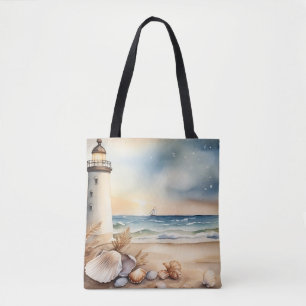 Watercolor Lighthouse and Beach Tote Bag