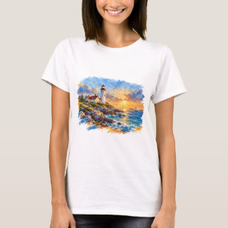 Watercolor Lighthouse at Sunset Coastal Art T-Shirt