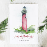 Watercolor Lighthouse Beach Christmas Card<br><div class="desc">This simple holiday card features a replica of my original hand painted watercolor Jupiter, Florida lighthouse with a garland of greenery and red berries on a crisp white background. The words Seas and Greetings are set in a modern brush script typography. Personalise however you like. This coastal style Christmas card...</div>