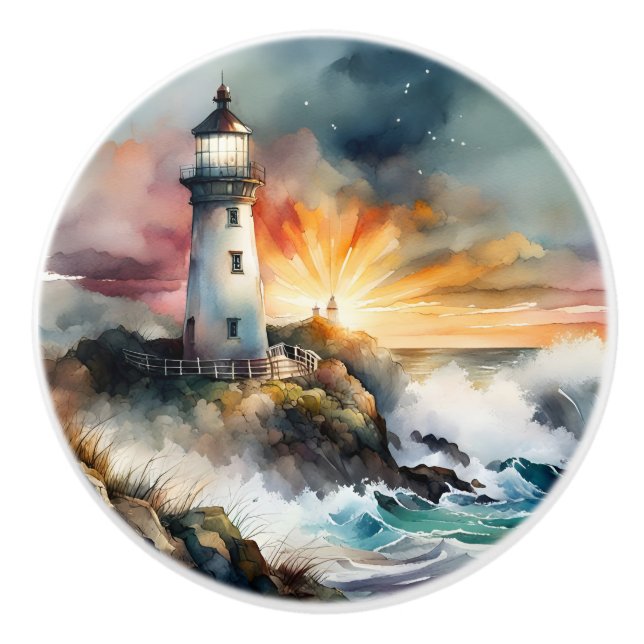 Watercolor Lighthouse  Ceramic Knob (Front)