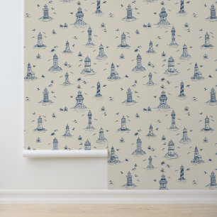 Watercolor Lighthouse Coastal Toile w Blue & White Wallpaper