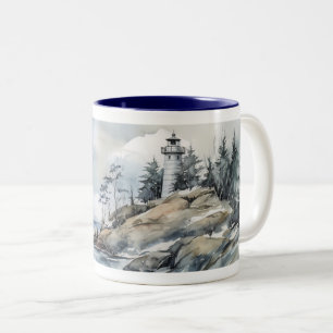 Watercolor Lighthouse in Winter Two-Tone Coffee Mug
