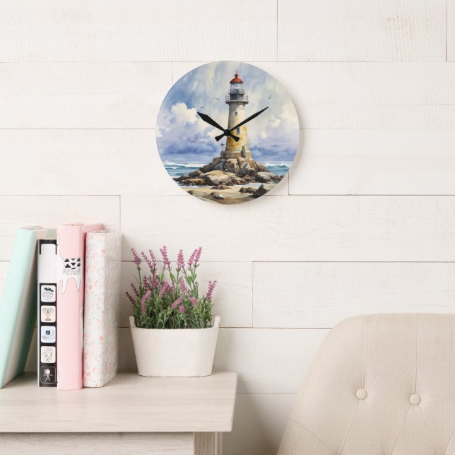 Watercolor Lighthouse Large Clock (Reading Room)