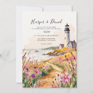 Watercolor Lighthouse Nautical Beach Wedding Invitation