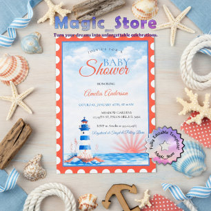 Watercolor Lighthouse Nautical Ocean Sunset Stamp Invitation