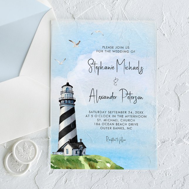 Watercolor Lighthouse Nautical Wedding Acrylic Invitations (Creator Uploaded)