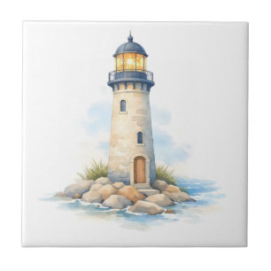 Watercolor Lighthouse on the Rocks Tile