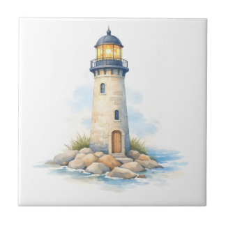 Watercolor Lighthouse on the Rocks Tile