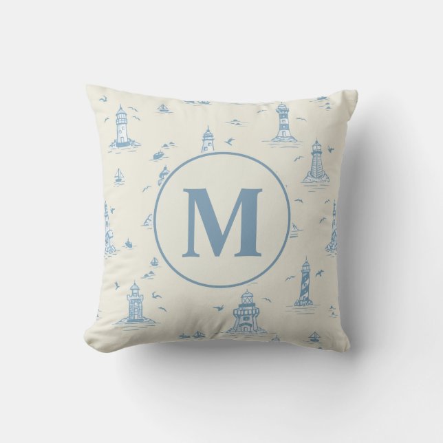 Watercolor Lighthouse Toile Nursery | Monogram Cushion (Front)